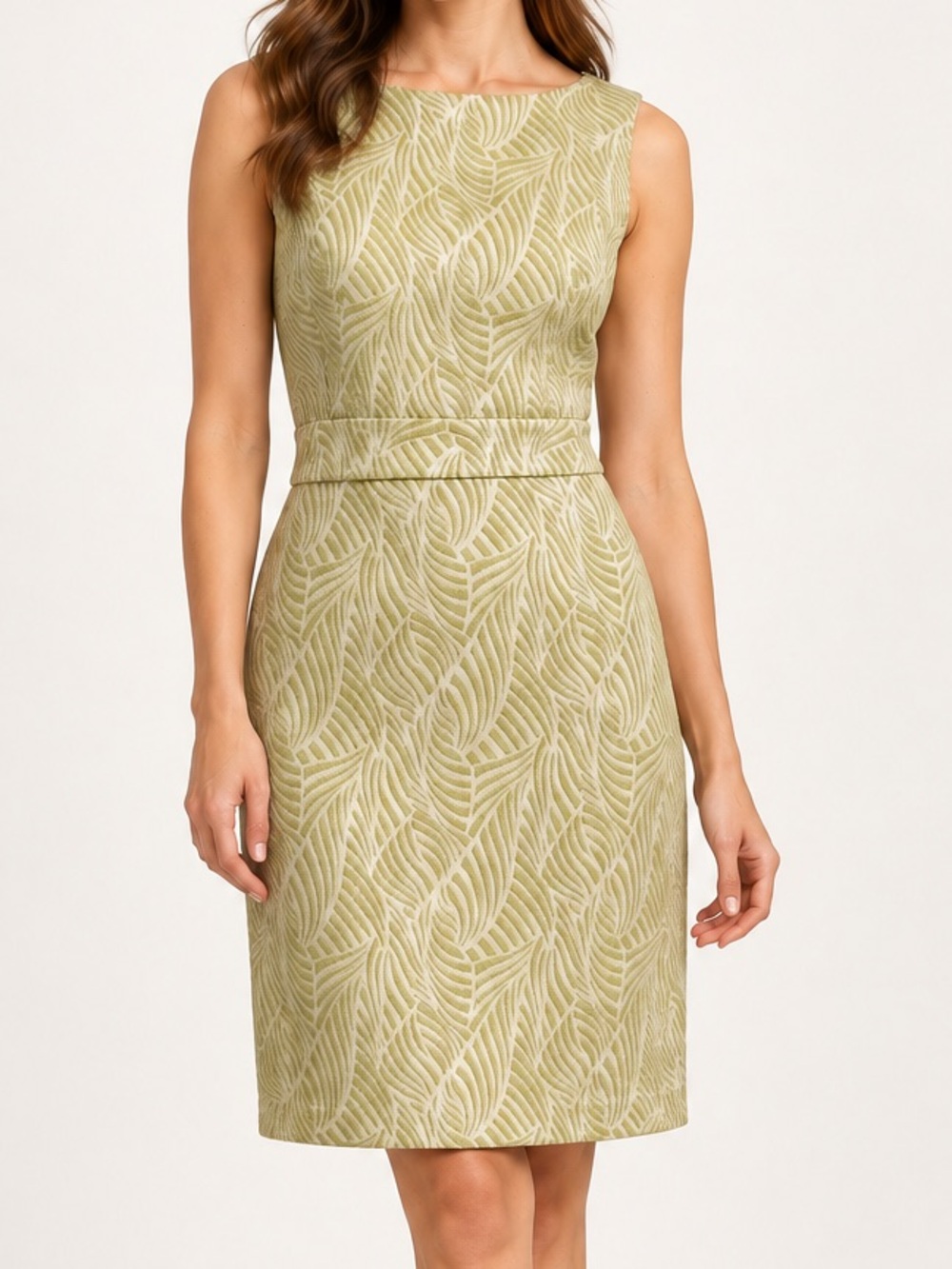 Ann Taylor Olive Green Leaf Jacquard Sleeveless Dress, Textured Botanical